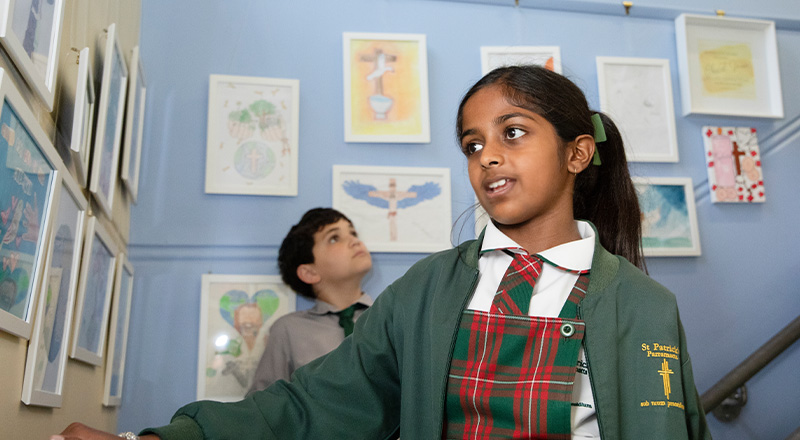 St Patrick's Catholic Primary School Parramatta student looking at artworks